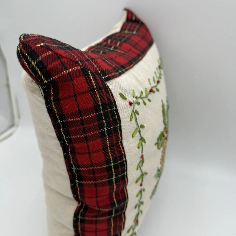 Christmas Throw Pillow Embroidered Quilted Plaid 3D Folksy Rustic Acorn Tree‎